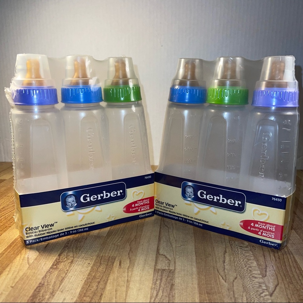Lot of 6 Gerber Baby Bottles 9 oz Clear View Rubber Nipple
